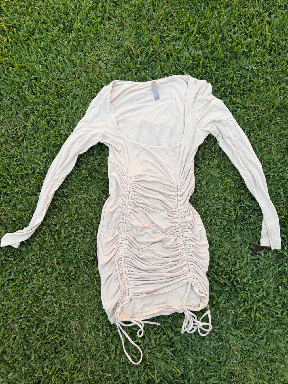 Long Sleeve Ruched Mini Dress in Cream